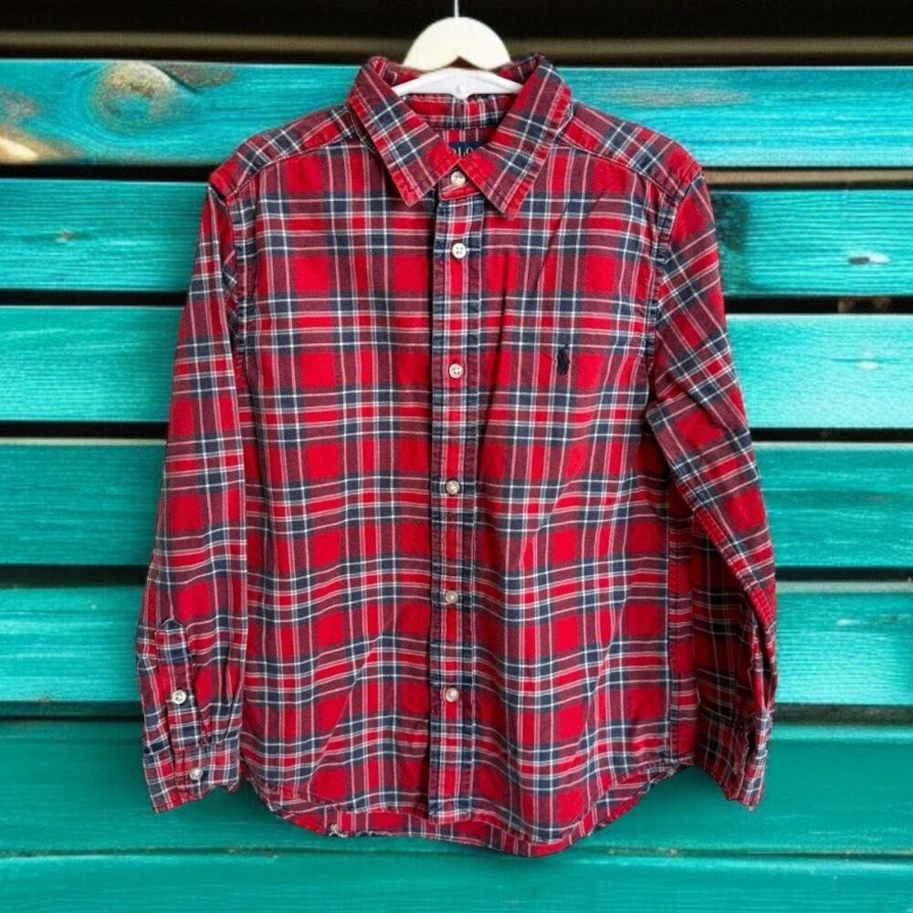 Polo‎ Ralph Lauren Boys Shirt Sz 7 Oxford Red Blue Plaid Long Sleeve Button Up